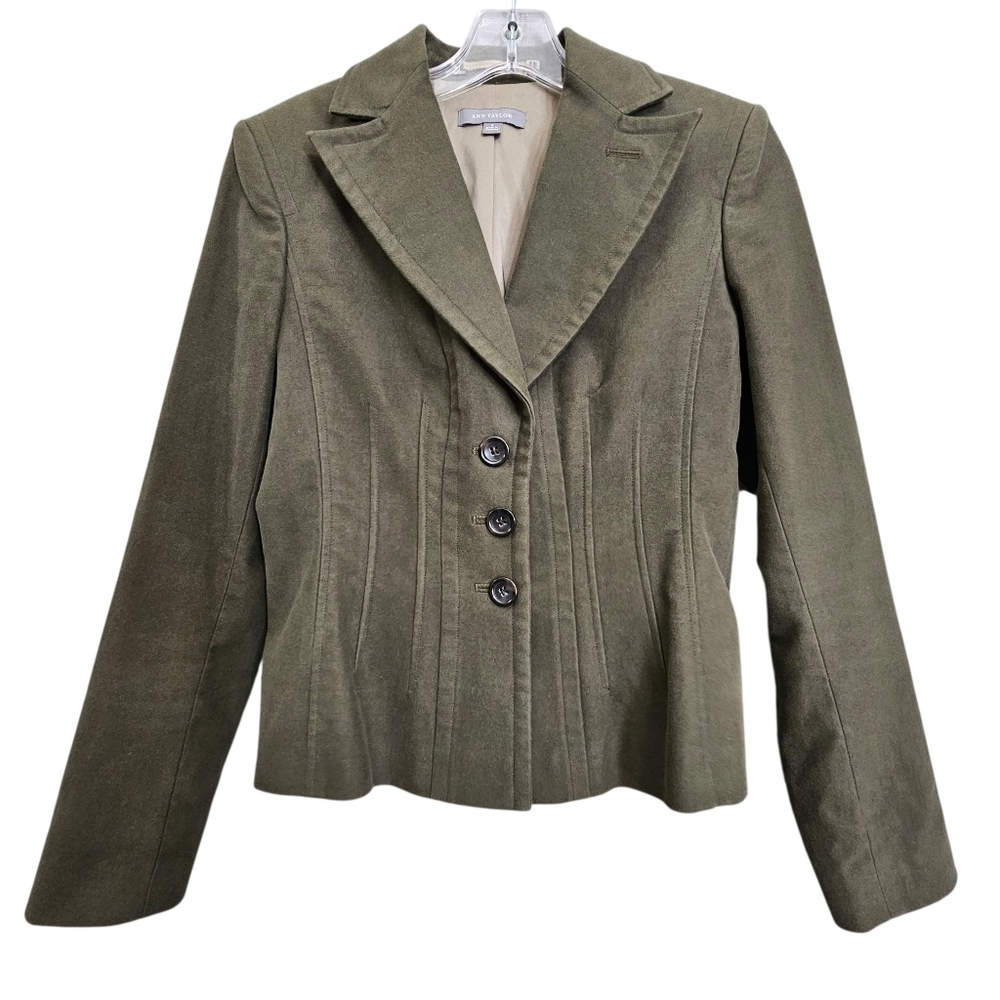 Ann Taylor Dark Olive Green Collared Tailored  Front Button Longsleeve Blazer